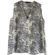 Theory V Yoke Shell Bandana Paisley Tank Top V Neck 100% Silk Black White Small