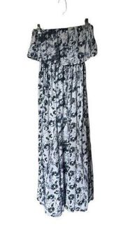 Japna White Blue Tie Dye Strapless Sleeveless Ruffle Maxi Dress with Leg Slit