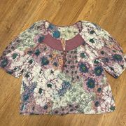 Purple Floral Peasant Blouse Shirt Top