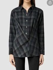 AllSaints Kayla Teal gray Shirt plaid asymmetrical snap button top size US 2