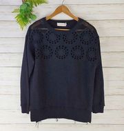 Johnny Was Black Eyelet Embroidered Distressed Raw Hem Crewneck