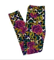 LuLaRoe Women’s OS Leggings Purple Rose & Trellis Print