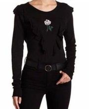 Wildfox Tea Rose Lucienne Long Sleeve Top In Black Size M GUC Embroidered Ruffle