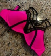 Victoria Secret PINK Neon Pink Black Neoprene Color Block Padded Bikini Top XS