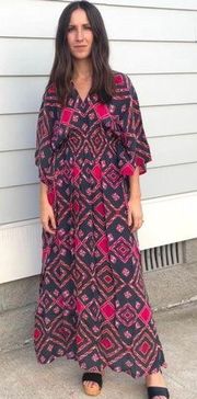 Rujuta Sheth Marie Cinch Kaftan Dress Diamond Print One Size Pink Orange Boho