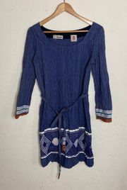 Dark Blue Striped Pattern Cropped Sleeve Dress ( S )