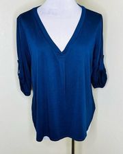 Kaari Blue Top LARGE Navy Blue V-Neck 3/4 Sleeve Minimalist Jersey Knit Casual