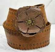 Chico's Vintage Studded Genuine Leather Floral Tooled Belt Size Medium M Womens