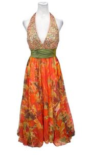 Vintage Dave & Johnny Floral Print Beaded Sequined Chiffon Formal Prom Gown XS