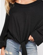 Free People  Lil' Star Black Thermal Top Waffle Knit Long Sleeve Women’s Size M