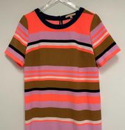 GIBSON LATIMER Stripe Dress Neutral & Neon & Navy Short Sleeve Mini Size Small