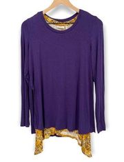 LOGO by Lori Goldstein Purple & Gold Handkerchief Long Sleeve Blouse Siz…