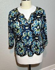 IZOD | V Neck Pullover Tunic Blouse 1X blue Ikat 3/4 sleeve