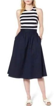 Halter Stripe Midi Dress 1901 Navy Blue White Pockets Size 10 NEW WITH TAGS