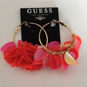 New Guess Gold Hoops w Coral Iridescent Leaves