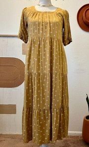 Bohme Yellow Golden Celestial Star Print Puffed 3/4 Sleeve Tiered Midi Dress