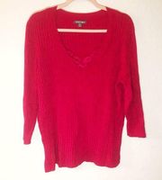 Roz & Ali Sweater V Neck w/ Lace Inset Pink 3/4 Sleeve Knit Sz 3X GUC Dress Barn