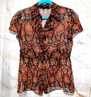 EtCetera 100% Silk Boho Brown Mixed Pattern Ruffle Sheer Blouse, size 8