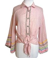 Ivy Jane zig zag trim bell sleeve tie front top pink Sz S