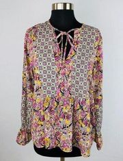 Allison Joy Womens Medium M Bohemian Print Floral Keyhole Bell Sleeves Top