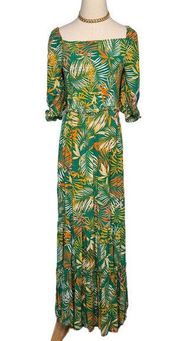 Betsy Johnson tropical palm off-shoulder tiered maxi dress size large L