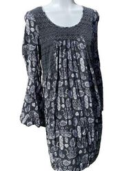 Women's Empire Black Lined Mini Dress with Open Back & Elephant Print & Crochet