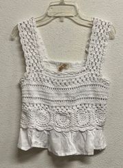 AGAIN Smocked White Crochet Crop Tank TopL