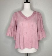 Rachel Zoe Boho Pink Embroidered Flared Sleeves Top