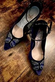 Libby Edelman | ladies high heeled Holly blue velvet pump. Size: 8.