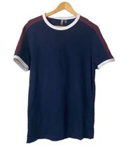 ASOS Blue Organic Cotton Tee Shirt Top With Burgundy and White Size Large