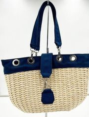 NWOT Amanda Smith Raffia Straw and Suede Handbag Medium Navy