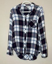 Beachlunchlounge blue white plaid hi-lo hem collar button down shirt