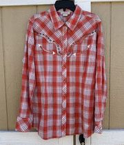 Ariat Orange Silver Plaid Pearl Snap Western Button Shirt Women's Size Medium