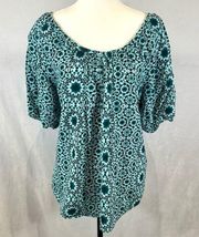 aqua green and black abstract print  peasant top size large