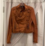 Burnt Orange Asymmetrical Hem Denim Cropped Jacket Size Small