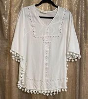 Solitaire white boho beach/swim coverup with ball tassels, Size S