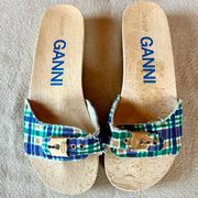 x Scholl Blue and Green Plaid Wooden Slip On Clog Sandal Size 10