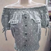E&M Ladies Size Small Sage PolkaDot Optional Off The Shoulder Top