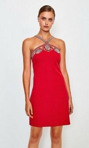 NEW Karen Millen Red Diamond Sequin Embellishment Diamante Cutwork Mini Dress