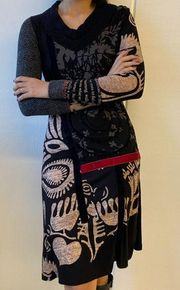 Desigual Printed Dress Medium Long Sleeve V-Neck Artsy Art to Wear Bold Funky