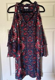 Anastasia Silk Paisley Patterned Floral Cold Shoulder High Neck Dress M Navy Blue & Red