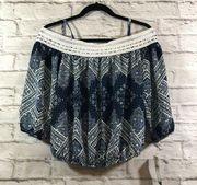 BCX Womens Navy Blue Crocheted Paisley Cold-Shoulder Top Blouse Juniors Size XS