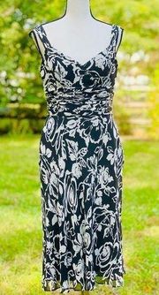 ANN TAYLOR Dress 100% Silk Black & Cream Floral Print Midi Cocktail Party Sz 4