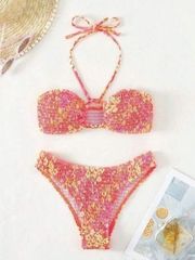 SheIn DITSY Floral Print Smocked Halter Bikini Swimsuit Set Top & Bottom Size Medium