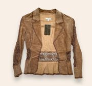 Vintage  Western Boho Tan Suede Leather Floral Crochet Jacket