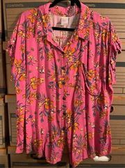 Floral Hawaiian Blouse Button Up Shirt-NOBO No Boundaries Pink/Orange EUC 3XL