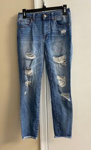 distressed raw hem high rise skinny light wash jeans, Sz 3/26