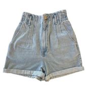 ZARA Light Wash Distressed High Waist Paperbag Pleated Cotton Denim Jean Shorts