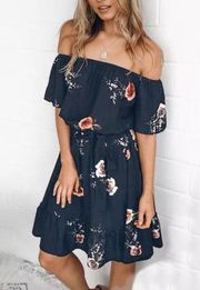 Women’s Floral Ruffled Off Shoulder Mini Dress Navy Blue And Coral Size L