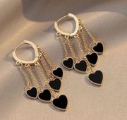 Black Heart Tassel Hoop Gold Dangle Hearts Earrings Nwt